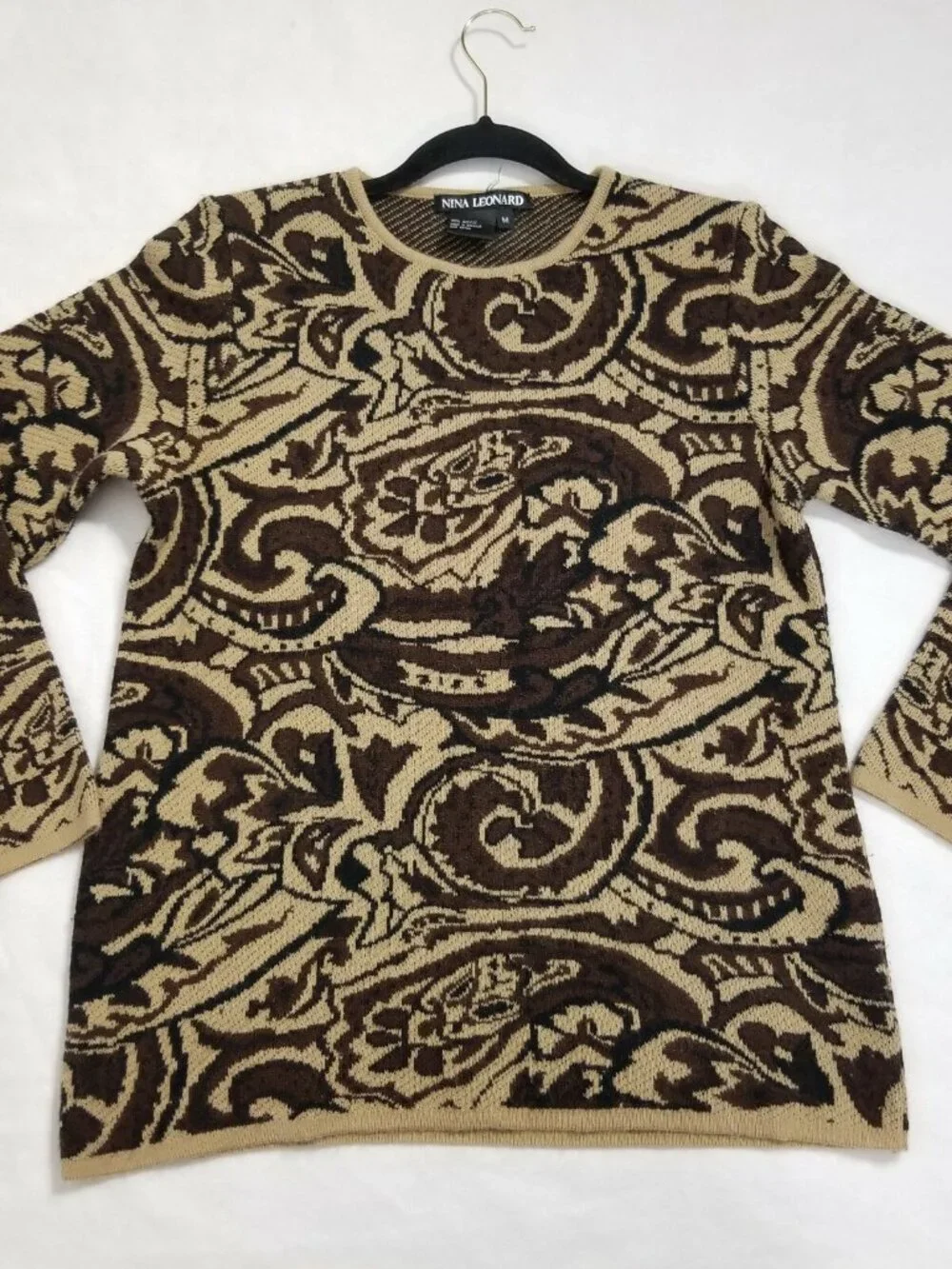 VINTAGE 90s Nina Leonard Sweater Women Medium Acrylic Brown Paisley Knit Leopard